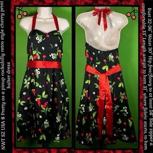 NWT USA SIZE 8 BLACK & CHERRY PRINT RED SATIN HALTER TIES DRESS RETRO ROCKABILLY